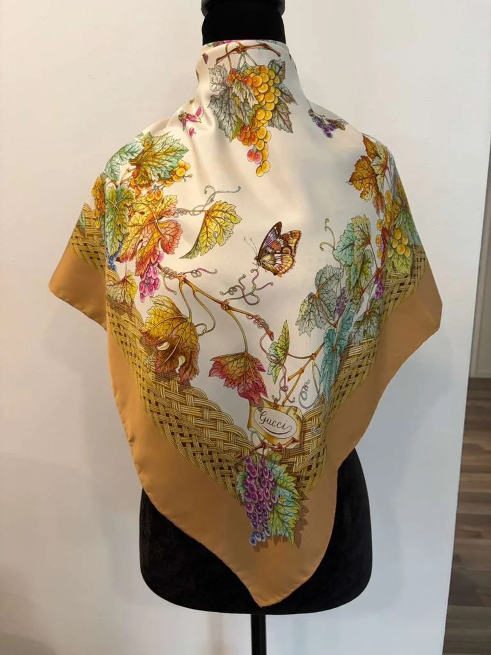 Gucci Silk Scarf Floral Butterfly Cream Hand Rolled